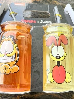 Garfield x Dragon Glassware Limited Edition Drinking Glasses & Straw NEW Sealed